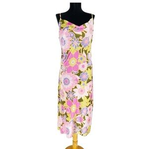 Gorgeous Retro Floral Satin Cowl Neckline Midi Dress